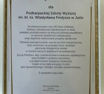 Podkarpacka Szkoła Wyższa doceniona podczas jubileuszu 50-lecia ZUS w Jaśle
