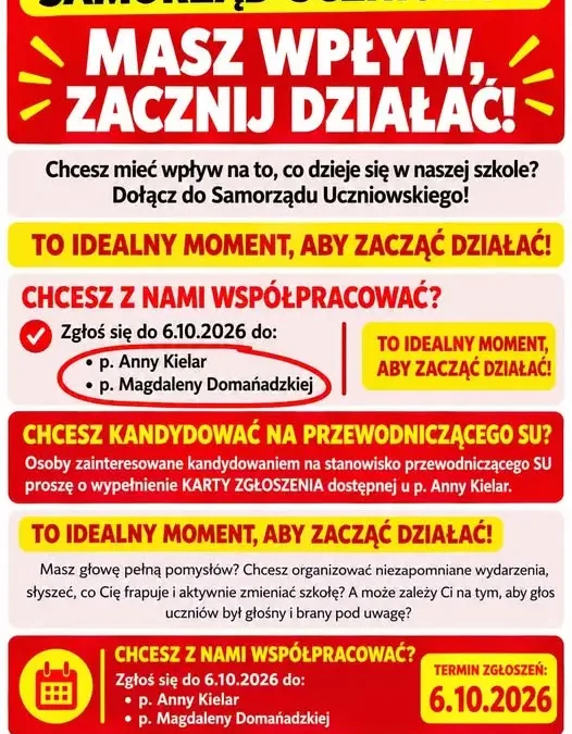 Szkoła Podstawowa nr 12 w Jaśle ogłasza nabór do Samorządu Uczniowskiego