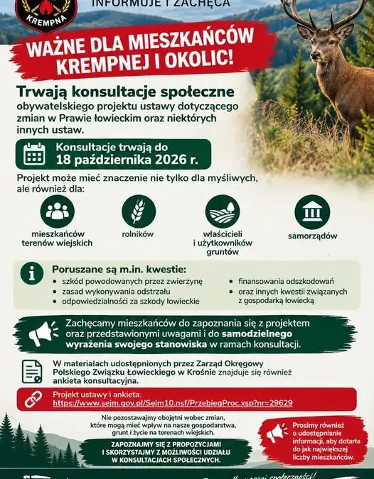 Konsultacje społeczne projektu zmian w Prawie łowieckim – głos mogą zabrać mieszkańcy Krempnej i okolic