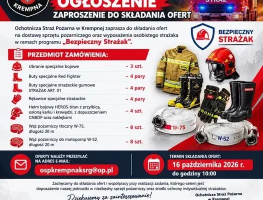 OSP Krempna szuka dostawców sprzętu pożarniczego. Oferty do 16 października