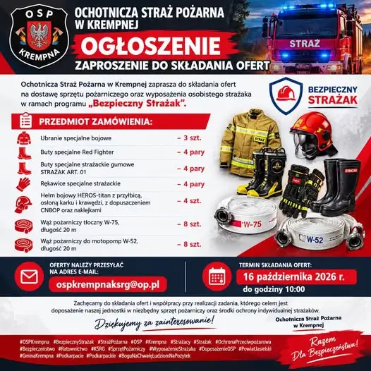 OSP Krempna szuka dostawców sprzętu pożarniczego. Oferty do 16 października