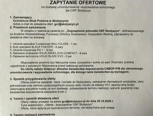 OSP Skołyszyn szuka dostawcy umundurowania i sprzętu ochronnego