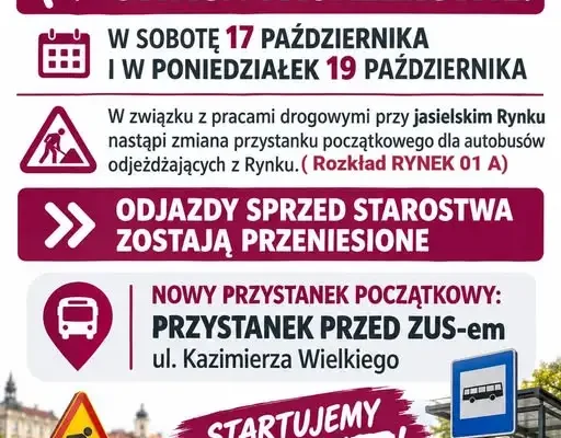 Zmiany w rozkładzie jazdy MKS Jasło – przystanek Rynek Starostwo Powiatowe 01 tymczasowo przeniesiony