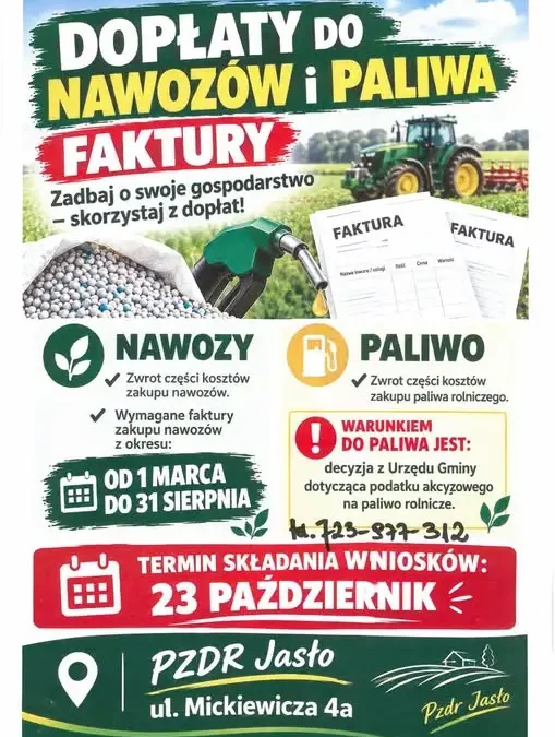 Dodatkowe wsparcie dla rolników: dofinansowanie do paliwa i nawozów – wnioski tylko do 23 października