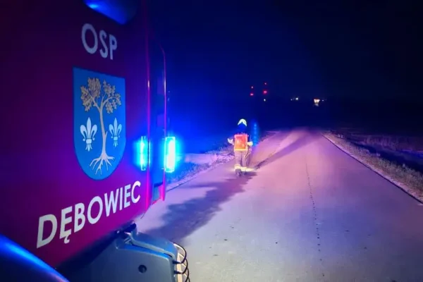 Plama substancji ropopochodnej na drodze powiatowej w Dębowcu – interwencja OSP