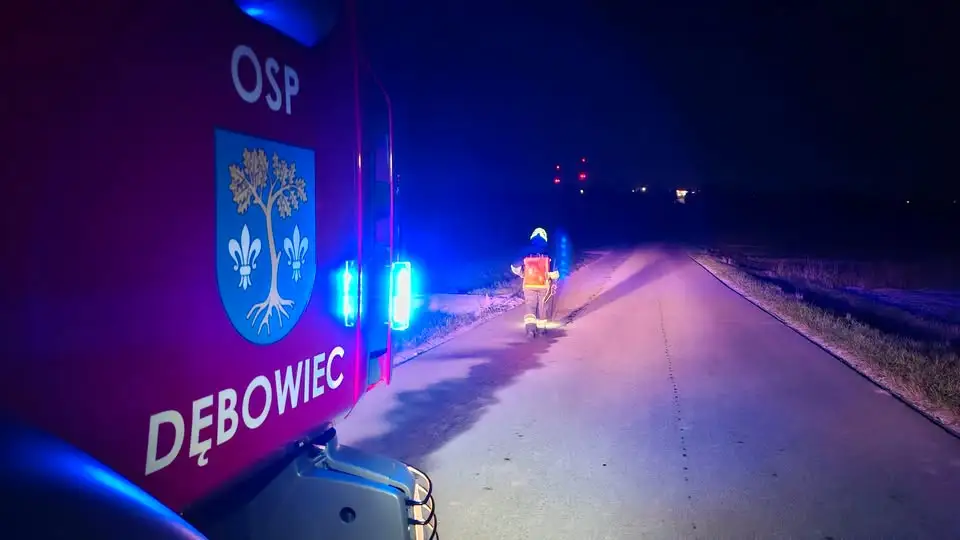 Plama substancji ropopochodnej na drodze powiatowej w Dębowcu – interwencja OSP