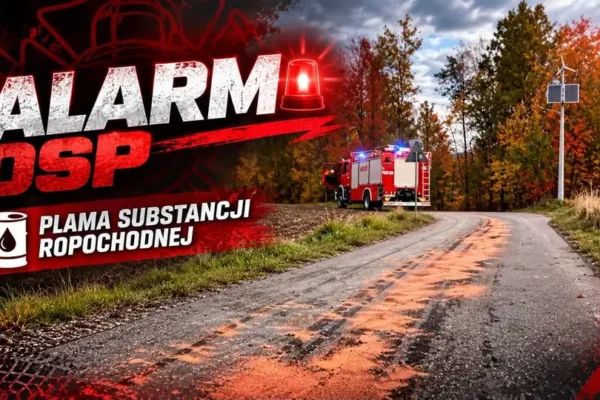 Plama substancji ropopochodnej na jezdni w Brzyskach – interwencja OSP KSRG Brzyska