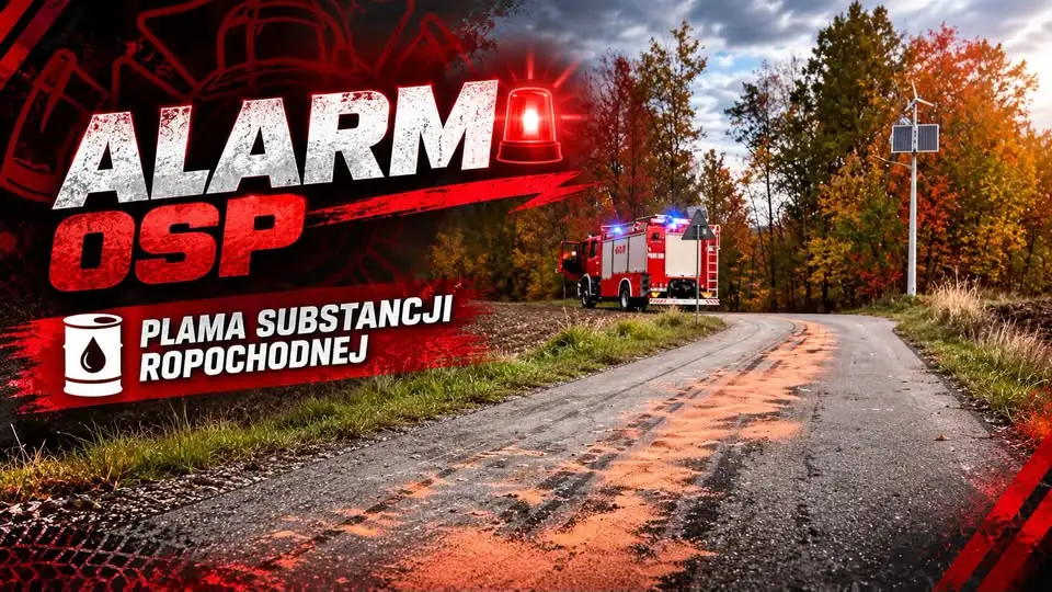Plama substancji ropopochodnej na jezdni w Brzyskach – interwencja OSP KSRG Brzyska